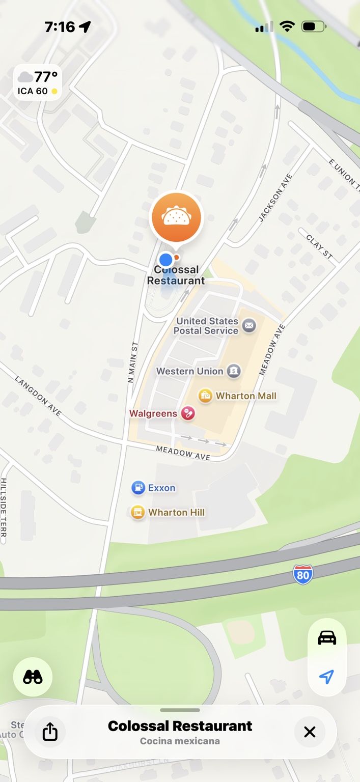 Map reference showing COLOSSAL near Wharton Mall and Interstate 80